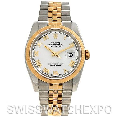 The image shows a Rolex Datejust 116233 Men's Stainless Steel White Dial 116233 Men's Stainless Steel White Dial watch from a front angle, featuring the bezel, dial, bracelet, and date window.