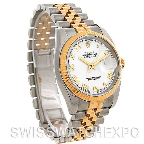 The image shows the Rolex Datejust 116233 Men's Stainless Steel White Dial 116233 Men's Stainless Steel White Dial watch from an angled side view, highlighting its two-tone Jubilee bracelet and distinctive fluted bezel.