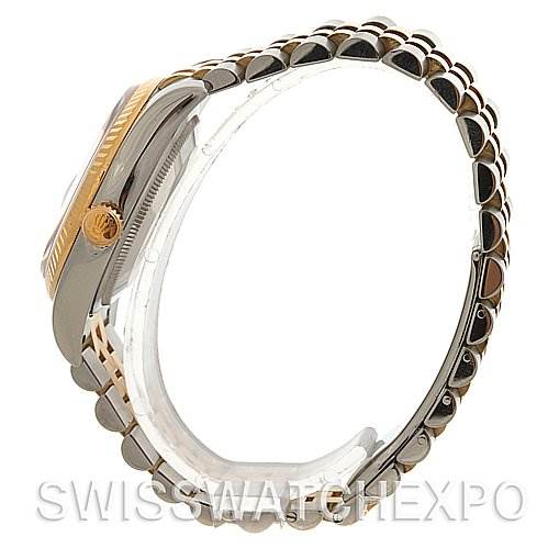 The image shows a side profile of the Rolex Datejust 116233 Men's Stainless Steel White Dial 116233 Men's Stainless Steel White Dial model, highlighting its crown and bracelet.