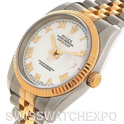 The Rolex Datejust 116233 Men's Stainless Steel White Dial 116233 Men's Stainless Steel White Dial model watch is shown at an angle highlighting the dial, bezel, crown, and part of the bracelet.
