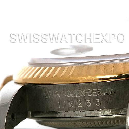 The image shows a side view of the Rolex Datejust 116233 Men's Stainless Steel White Dial 116233 Men's Stainless Steel White Dial model, focusing on the bezel and case with visible engraving.