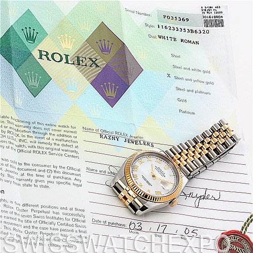 This image shows a Rolex Datejust 116233 Men's Stainless Steel White Dial 116233 Men's Stainless Steel White Dial watch along with its paperwork and certification documents, viewed from an overhead angle.