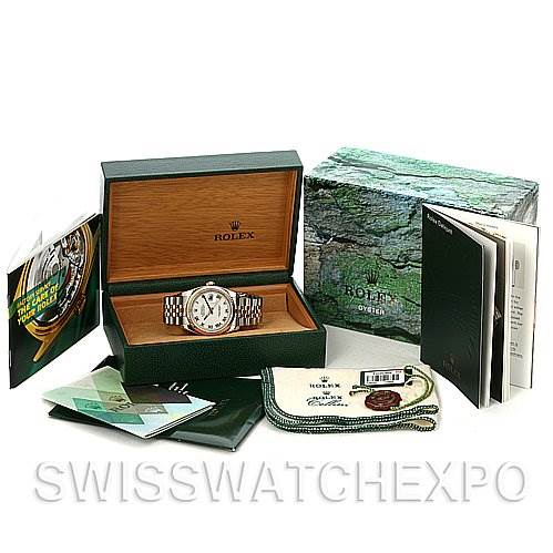 The image shows a Rolex Datejust 116233 Men's Stainless Steel White Dial 116233 Men's Stainless Steel White Dial watch within its box, along with various booklets, tags, and packaging.