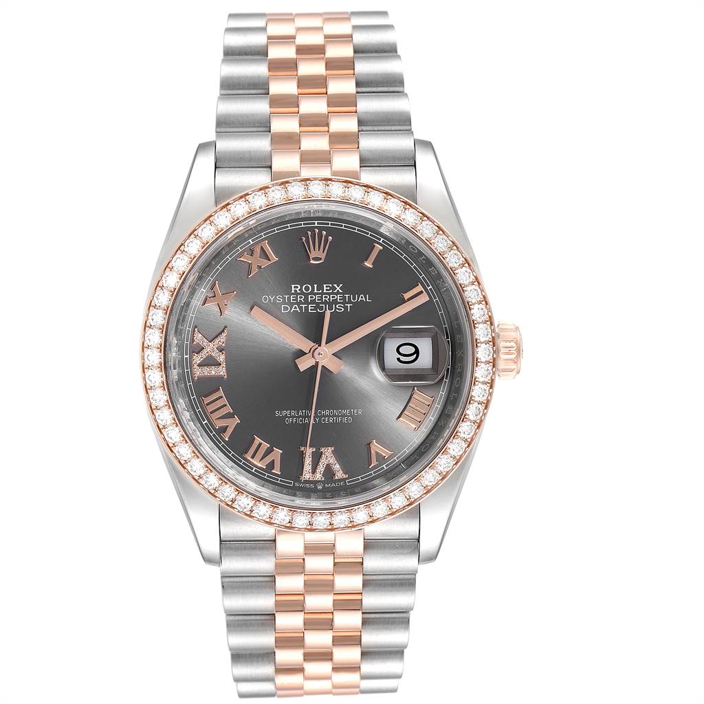 The Rolex Datejust 126281 Men's Steel and Gold (two tone) Grey Dial 126281 Men's Steel and Gold (two tone) Grey Dial watch is shown from the front, featuring the dial, bezel, and bracelet.