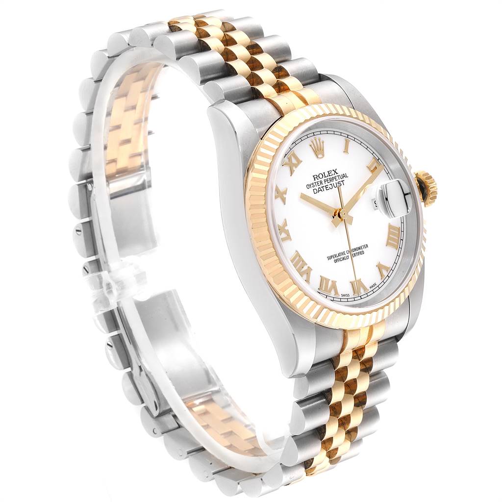 The image shows a side-angle view of a Rolex Datejust 116233 Men's Stainless Steel White Dial 116233 Men's Stainless Steel White Dial watch, displaying its white dial, Roman numerals, date window, and two-tone bracelet.
