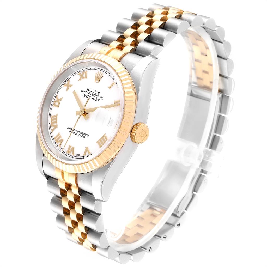 The image shows a Rolex Datejust 116233 Men's Stainless Steel White Dial 116233 Men's Stainless Steel White Dial watch at an oblique angle, displaying the face, crown, and two-tone bracelet.