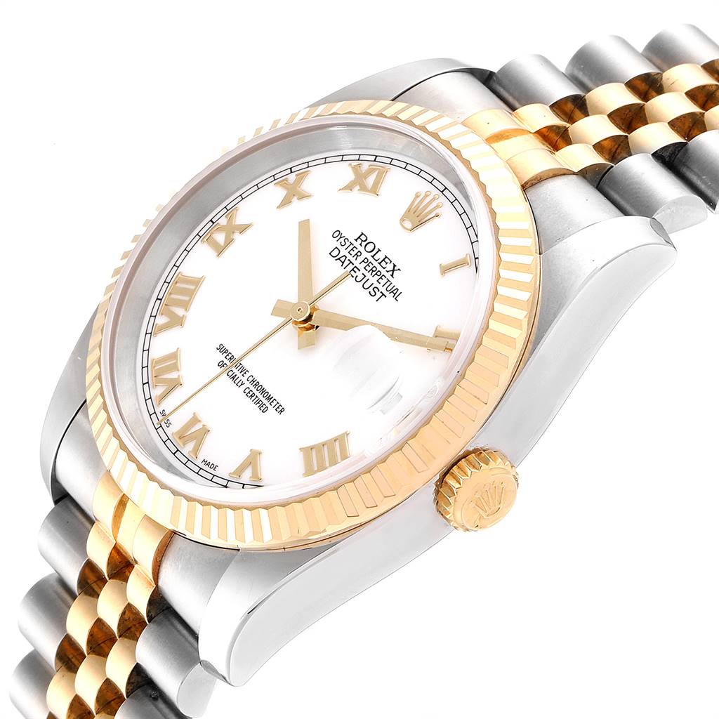 This image shows the face, bezel, crown, and partially the bracelet of a Rolex Datejust 116233 Men's Stainless Steel White Dial 116233 Men's Stainless Steel White Dial watch at an angled close-up view.