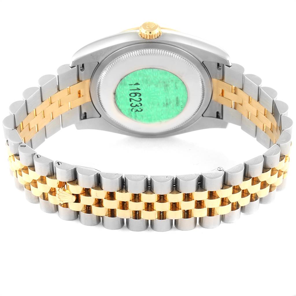 The image shows the back case and bracelet of a Rolex Datejust 116233 Men's Stainless Steel White Dial 116233 Men's Stainless Steel White Dial watch, highlighting the steel and gold jubilee bracelet.