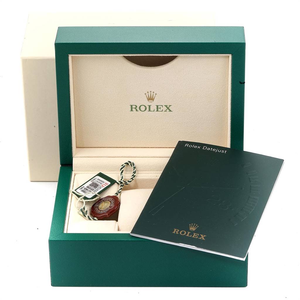 The image shows a Rolex Datejust 116233 Men's Stainless Steel White Dial 116233 Men's Stainless Steel White Dial watch box, an authenticity tag, and the user's manual.