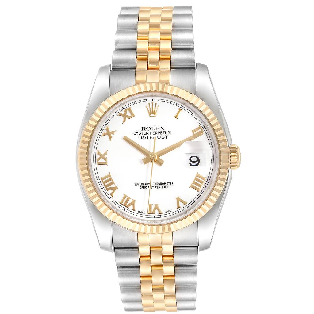 This image shows a front view of a Rolex Datejust 116233 Men's Stainless Steel White Dial 116233 Men's Stainless Steel White Dial watch, featuring a white dial with Roman numerals, a fluted bezel, and a two-tone bracelet.