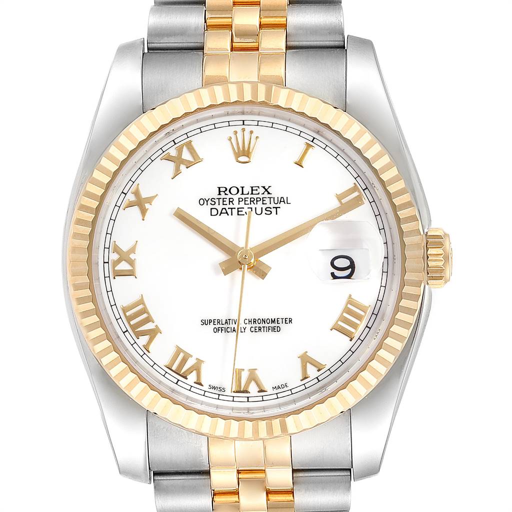 This is a frontal view of the Rolex Datejust 116233 Men's Stainless Steel White Dial 116233 Men's Stainless Steel White Dial, showcasing its face, bezel, and part of the bracelet.