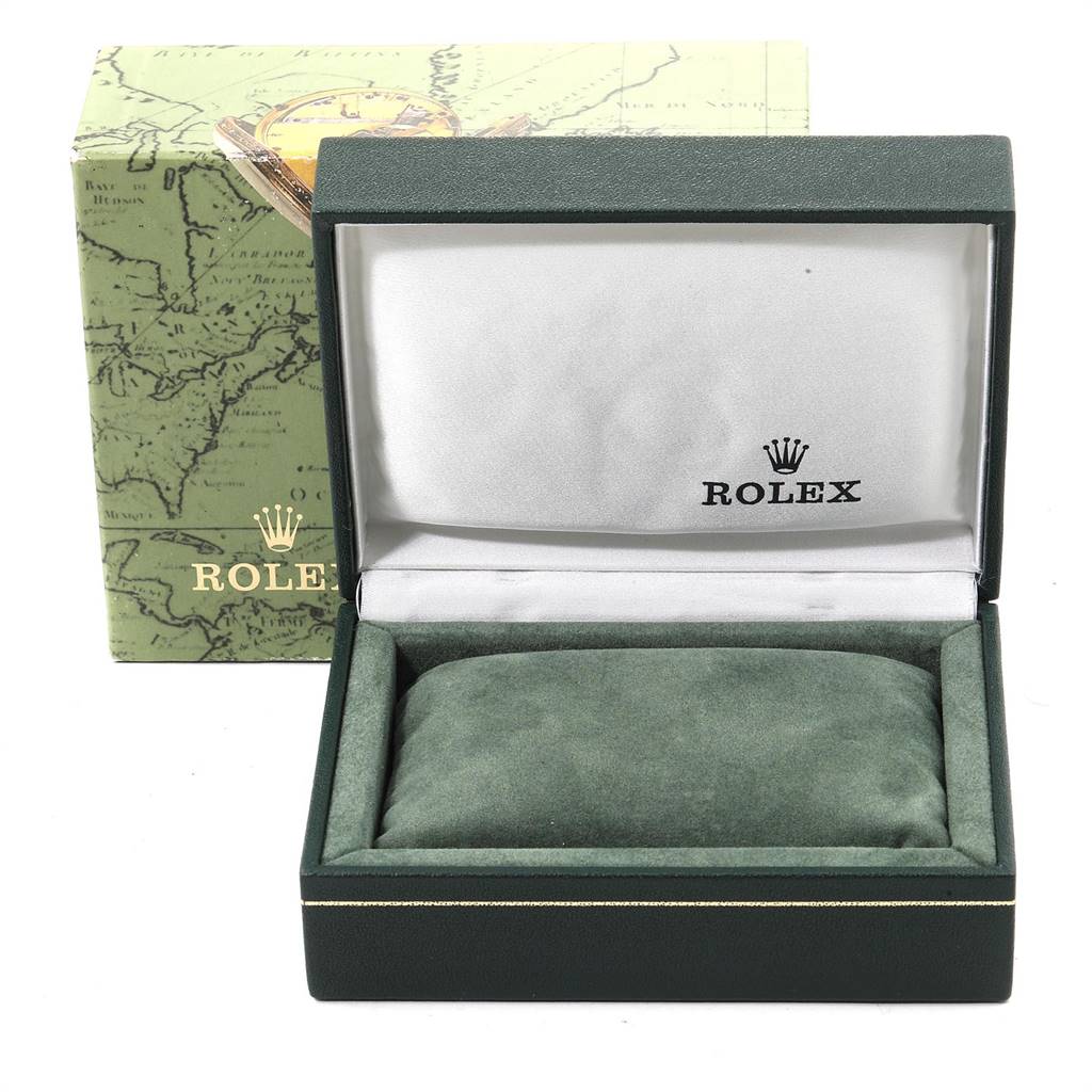 The image shows an open Rolex Datejust 16233 Men's Steel and Gold (two tone) Grey Dial 16233 Men's Steel and Gold (two tone) Grey Dial watch box and cushion, viewed from the front.