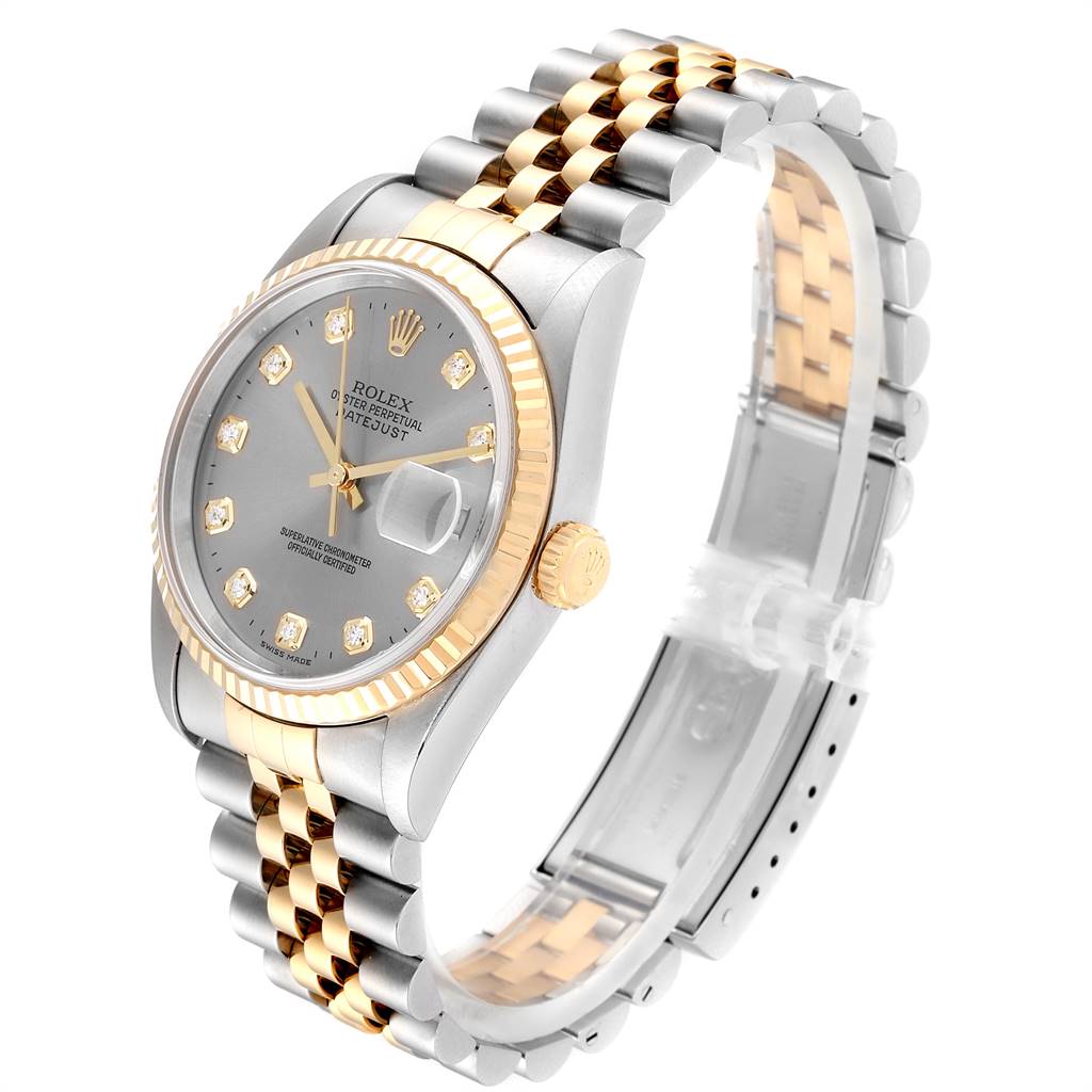 The image shows a Rolex Datejust 16233 Men's Steel and Gold (two tone) Grey Dial 16233 Men's Steel and Gold (two tone) Grey Dial watch with a Jubilee bracelet, angled to display the dial, bezel, and crown.