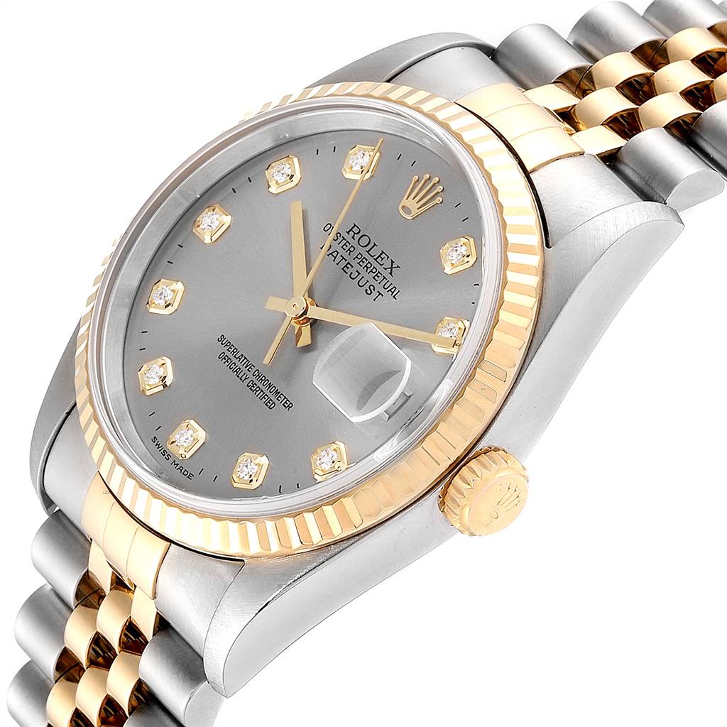 This image shows a close-up angle of the Rolex Datejust 16233 Men's Steel and Gold (two tone) Grey Dial 16233 Men's Steel and Gold (two tone) Grey Dial watch, focusing on the dial, bezel, crown, and part of the bracelet.