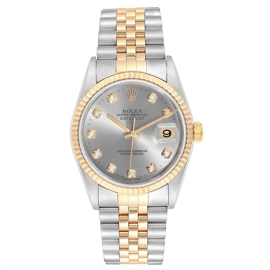 The Rolex Datejust 16233 Men's Steel and Gold (two tone) Grey Dial 16233 Men's Steel and Gold (two tone) Grey Dial watch is shown from a top-down angle, displaying the dial, bezel, and two-tone bracelet.