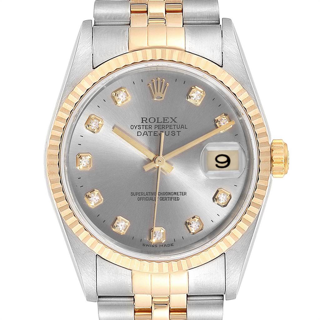 This image showcases the front view of the Rolex Datejust 16233 Men's Steel and Gold (two tone) Grey Dial 16233 Men's Steel and Gold (two tone) Grey Dial watch, highlighting its dial, bezel, and part of the bracelet.