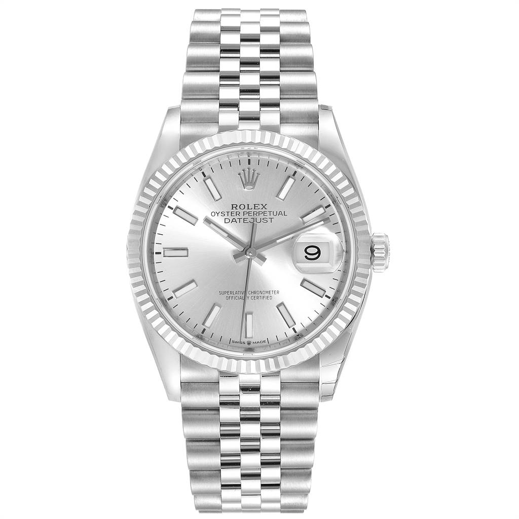 The image shows a Rolex Datejust 126234 Men's Stainless Steel Silver Dial 126234 Men's Stainless Steel Silver Dial watch from a front angle, displaying the dial, fluted bezel, bracelet, and date window.