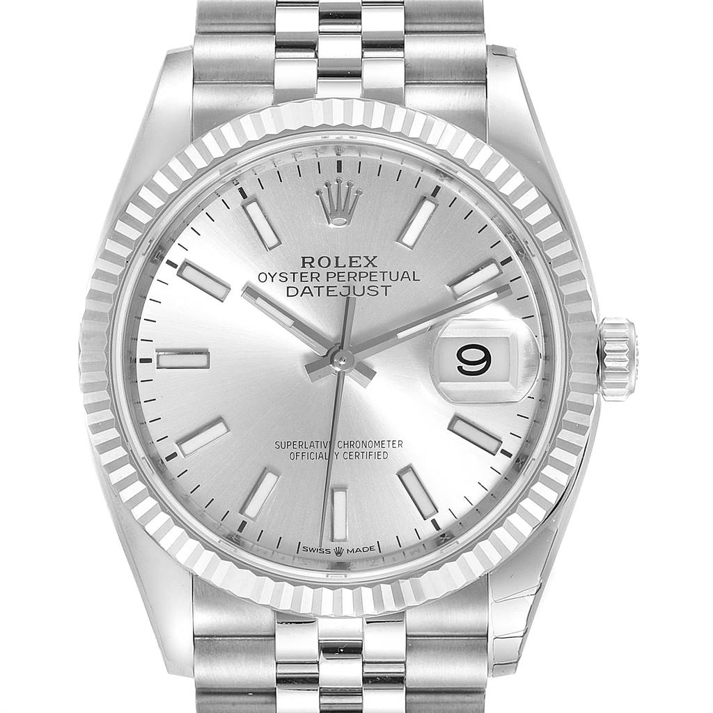 Front view of the Rolex Datejust 126234 Men's Stainless Steel Silver Dial 126234 Men's Stainless Steel Silver Dial watch showing the dial, hands, date window, and part of the bracelet.