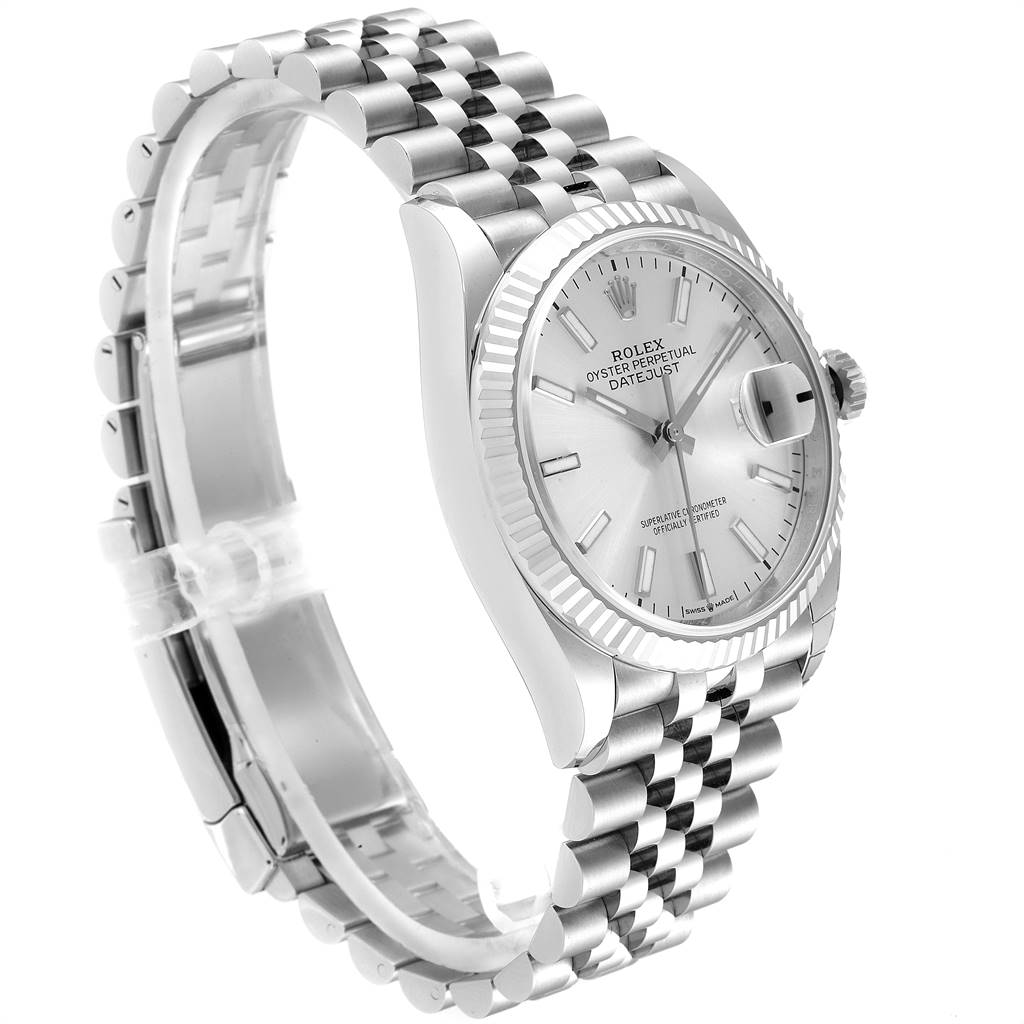 The image shows a side angle of the Rolex Datejust 126234 Men's Stainless Steel Silver Dial 126234 Men's Stainless Steel Silver Dial watch, highlighting its dial, bezel, and bracelet.