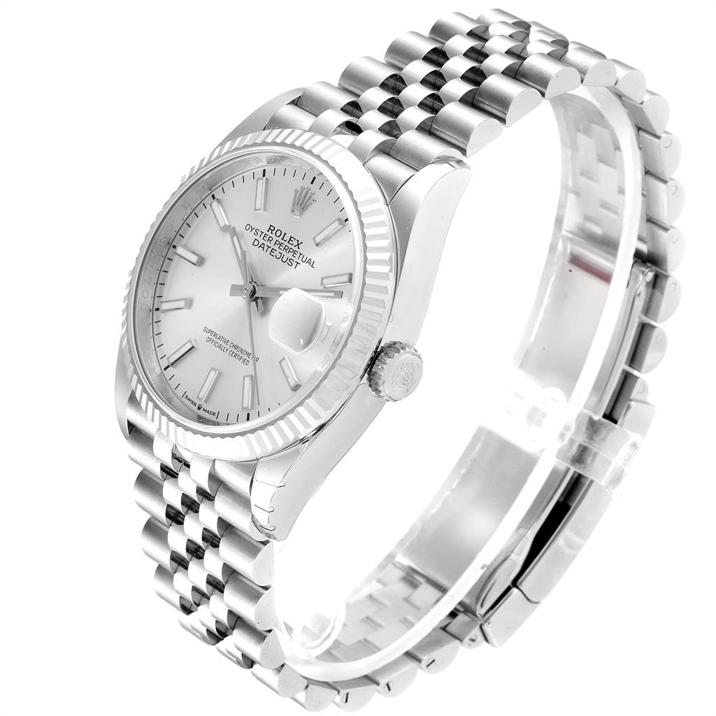 The image shows a Rolex Datejust 126234 Men's Stainless Steel Silver Dial 126234 Men's Stainless Steel Silver Dial watch at an angled side view, highlighting the dial, bezel, crown, and Jubilee bracelet.