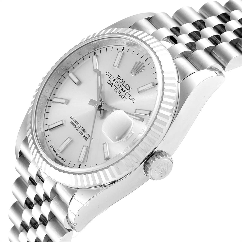 The image shows a close-up angle of a Rolex Datejust 126234 Men's Stainless Steel Silver Dial 126234 Men's Stainless Steel Silver Dial watch highlighting its dial, bezel, and part of its bracelet.