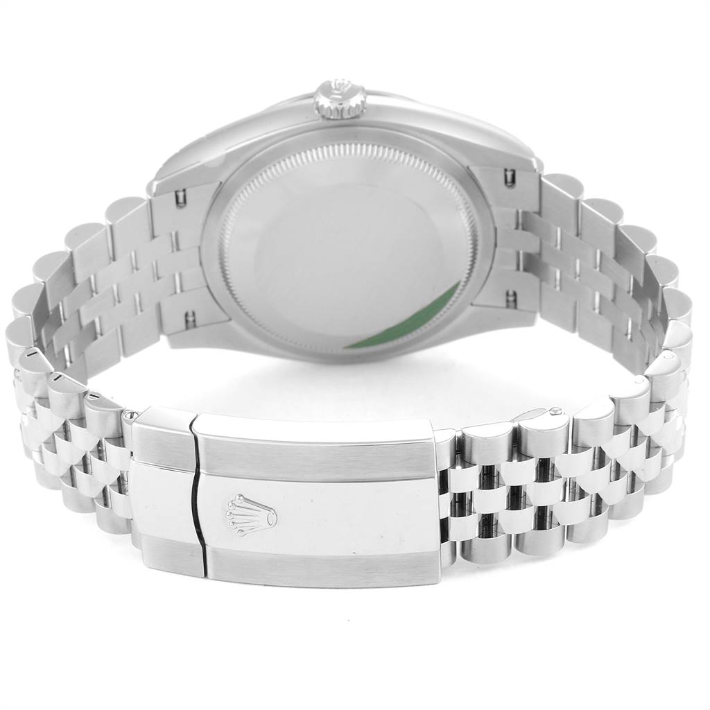 The image shows the back of the Rolex Datejust 126234 Men's Stainless Steel Silver Dial 126234 Men's Stainless Steel Silver Dial watch, featuring its case back, crown, and Jubilee bracelet with a clasp.