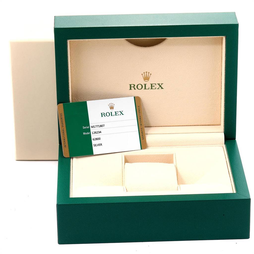 The image shows the open box and certification card of a Rolex Datejust 126234 Men's Stainless Steel Silver Dial 126234 Men's Stainless Steel Silver Dial watch.