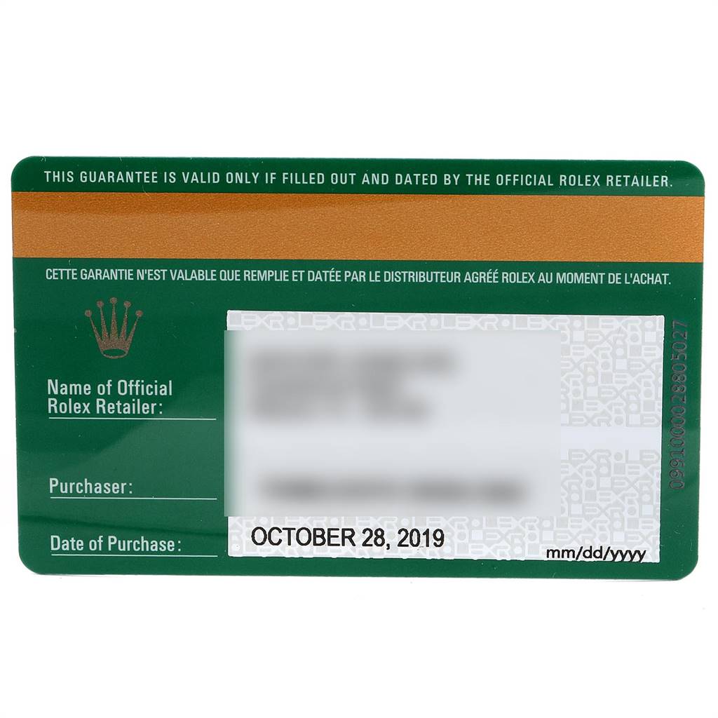 The image shows a warranty card for a Rolex Datejust 126234 Men's Stainless Steel Silver Dial 126234 Men's Stainless Steel Silver Dial watch, including purchase date and retailer details.