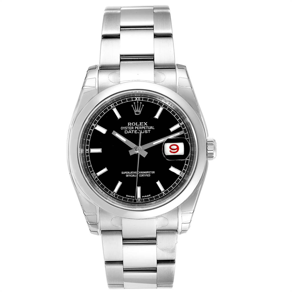 This is a front-facing view of a Rolex Datejust 116200 Men's Stainless Steel Black Dial 116200 Men's Stainless Steel Black Dial watch showing the dial, hands, date window, and metal bracelet.