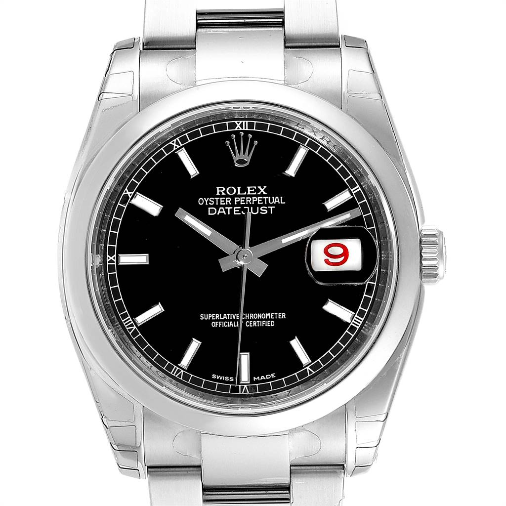 This image shows a front view of a Rolex Datejust 116200 Men's Stainless Steel Black Dial 116200 Men's Stainless Steel Black Dial watch, displaying the black dial, date window, and part of the stainless steel bracelet.