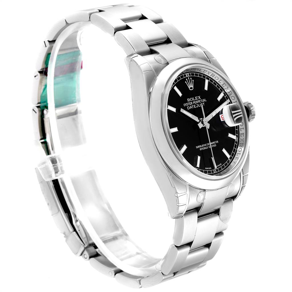 The image shows a side angle of the Rolex Datejust 116200 Men's Stainless Steel Black Dial 116200 Men's Stainless Steel Black Dial, displaying its face, case, and bracelet with a partially open clasp.