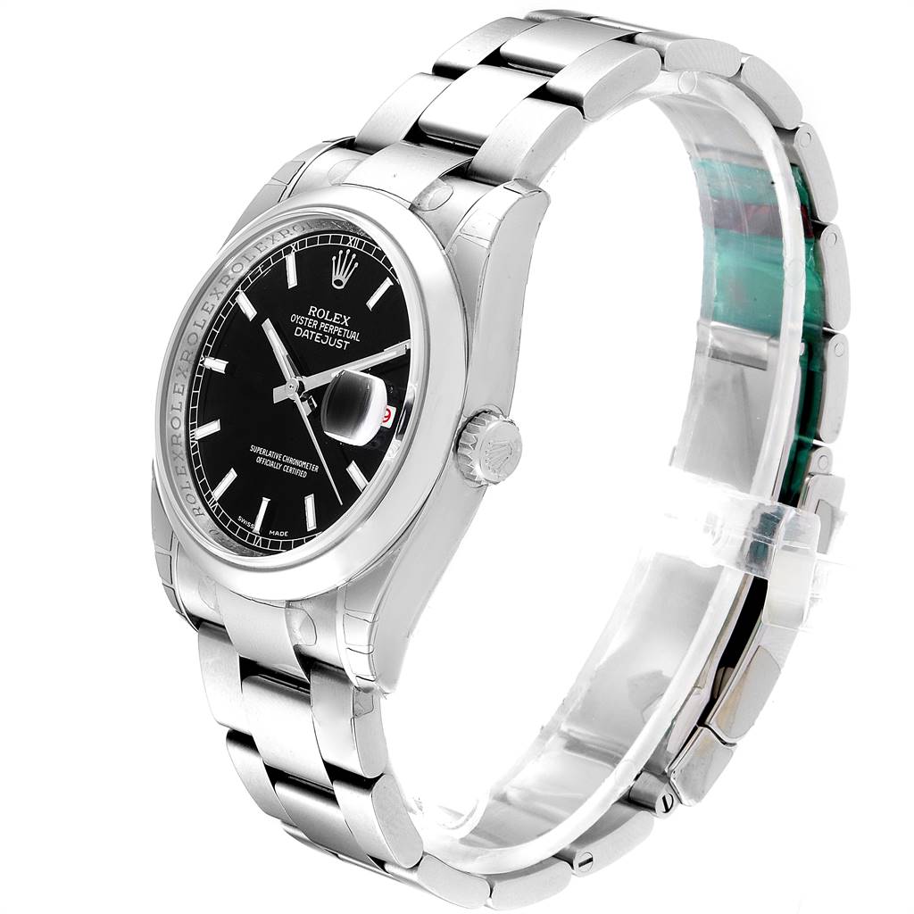The image shows a Rolex Datejust 116200 Men's Stainless Steel Black Dial 116200 Men's Stainless Steel Black Dial watch at a 3/4 angle, highlighting the face, bezel, case, and part of the bracelet.