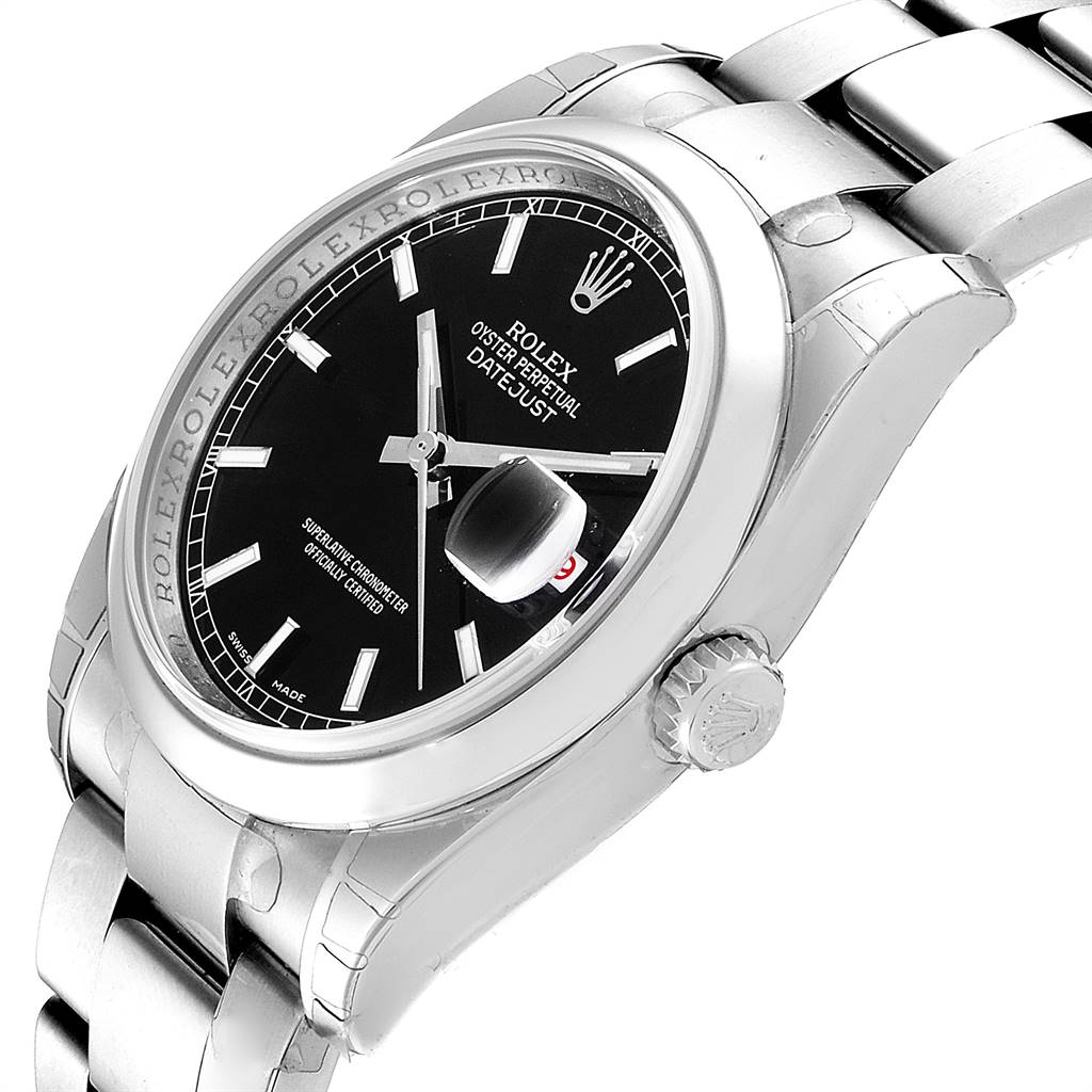 This image shows a side angle of a Rolex Datejust 116200 Men's Stainless Steel Black Dial 116200 Men's Stainless Steel Black Dial watch, highlighting its black dial, date window, and stainless steel bracelet.