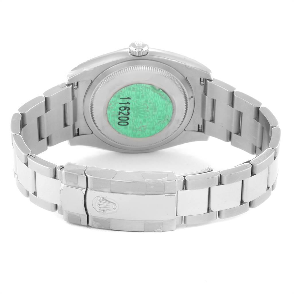 The image shows the back and bracelet of a Rolex Datejust 116200 Men's Stainless Steel Black Dial 116200 Men's Stainless Steel Black Dial watch, viewed from an angled rear perspective.