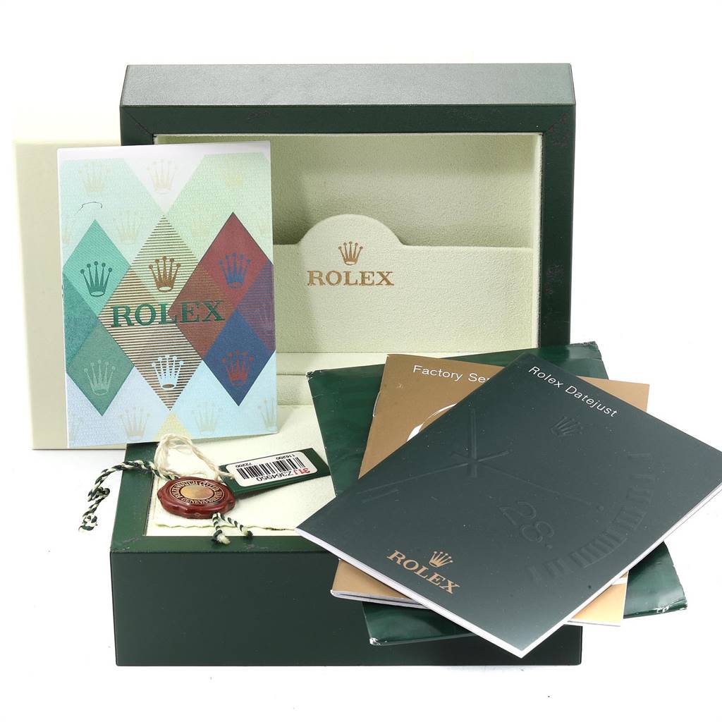 The image shows a Rolex Datejust 116200 Men's Stainless Steel Black Dial 116200 Men's Stainless Steel Black Dial watch box, warranty card, manuals, and tags from a frontal angle.