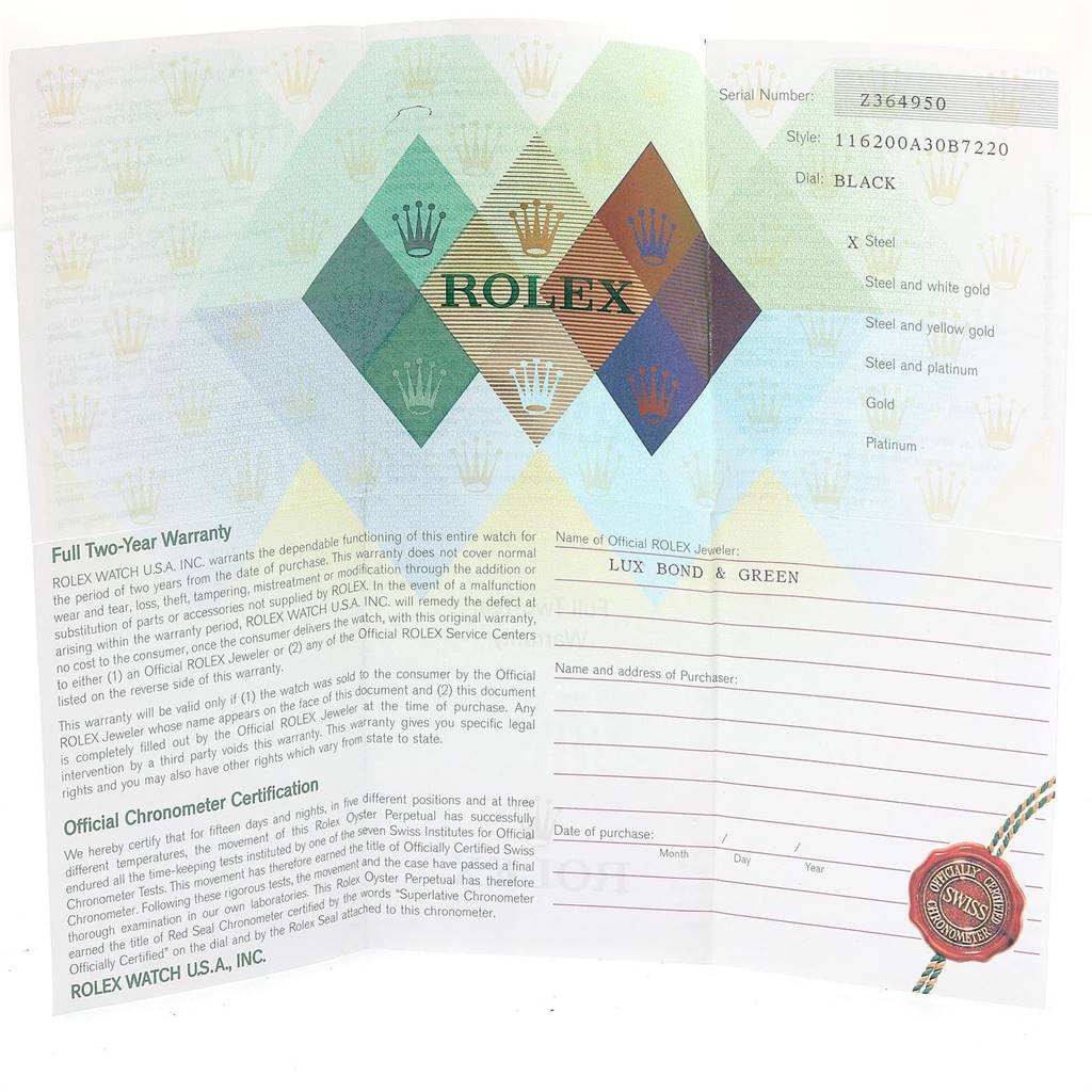 This image shows the warranty card and certification documents for a Rolex Datejust 116200 Men's Stainless Steel Black Dial 116200 Men's Stainless Steel Black Dial watch.