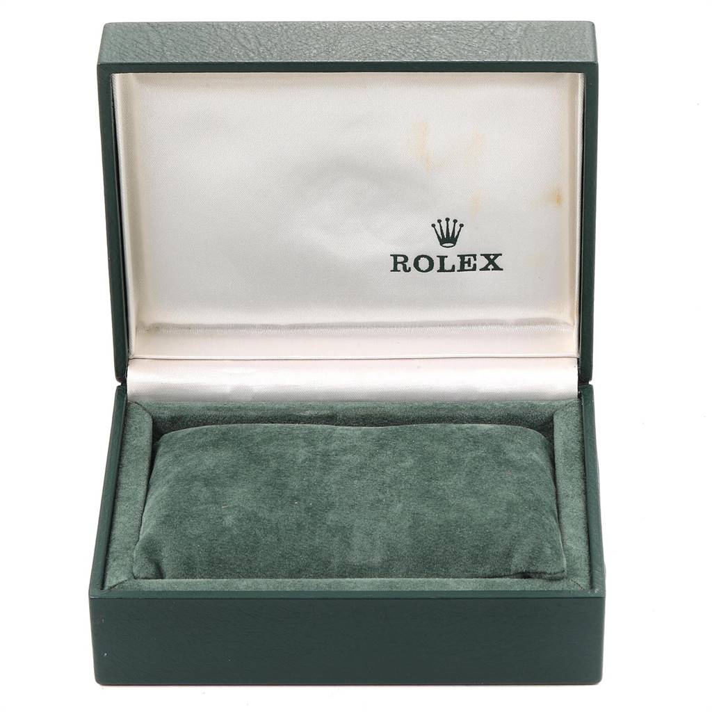 The image shows an open Rolex Datejust 16200 Men's Stainless Steel Blue Dial 16200 Men's Stainless Steel Blue Dial watch box, displaying the cushion and branded interior.