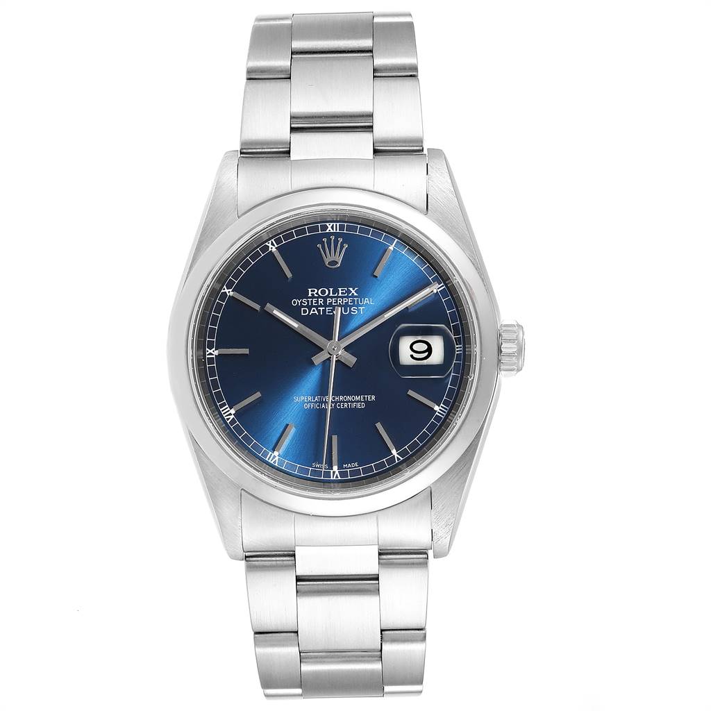 The Rolex Datejust 16200 Men's Stainless Steel Blue Dial 16200 Men's Stainless Steel Blue Dial watch is shown from a front angle, displaying the dial, hands, date window, and bracelet.