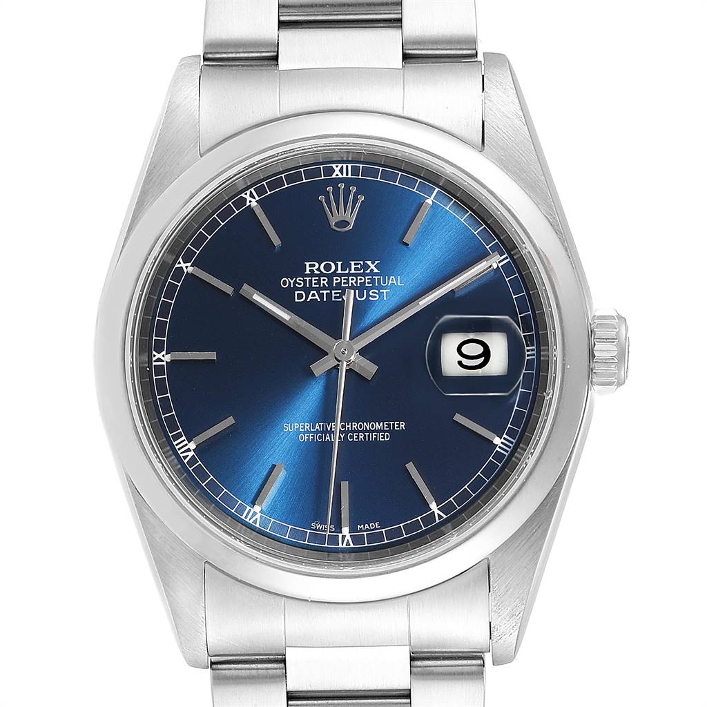 This Rolex Datejust 16200 Men's Stainless Steel Blue Dial 16200 Men's Stainless Steel Blue Dial watch is shown from a front angle, highlighting its blue dial, date window, and stainless steel bracelet.