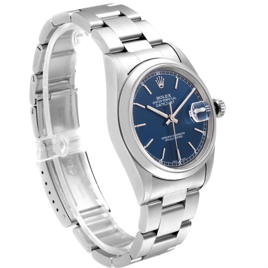 The image shows a side-angle view of a Rolex Datejust 16200 Men's Stainless Steel Blue Dial 16200 Men's Stainless Steel Blue Dial watch, highlighting the face, bezel, and bracelet.