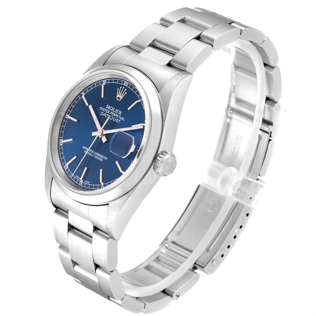 The image shows a Rolex Datejust 16200 Men's Stainless Steel Blue Dial 16200 Men's Stainless Steel Blue Dial watch taken from a side angle, showcasing the blue dial, bracelet, and crown.