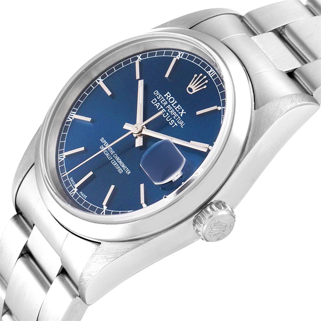The image shows a close-up angled view of the Rolex Datejust 16200 Men's Stainless Steel Blue Dial 16200 Men's Stainless Steel Blue Dial watch, highlighting the dial, bezel, and part of the bracelet.