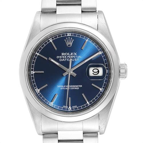 This image shows a front view of a Rolex Datejust watch, displaying its blue dial, Roman numeral indices, and date window.