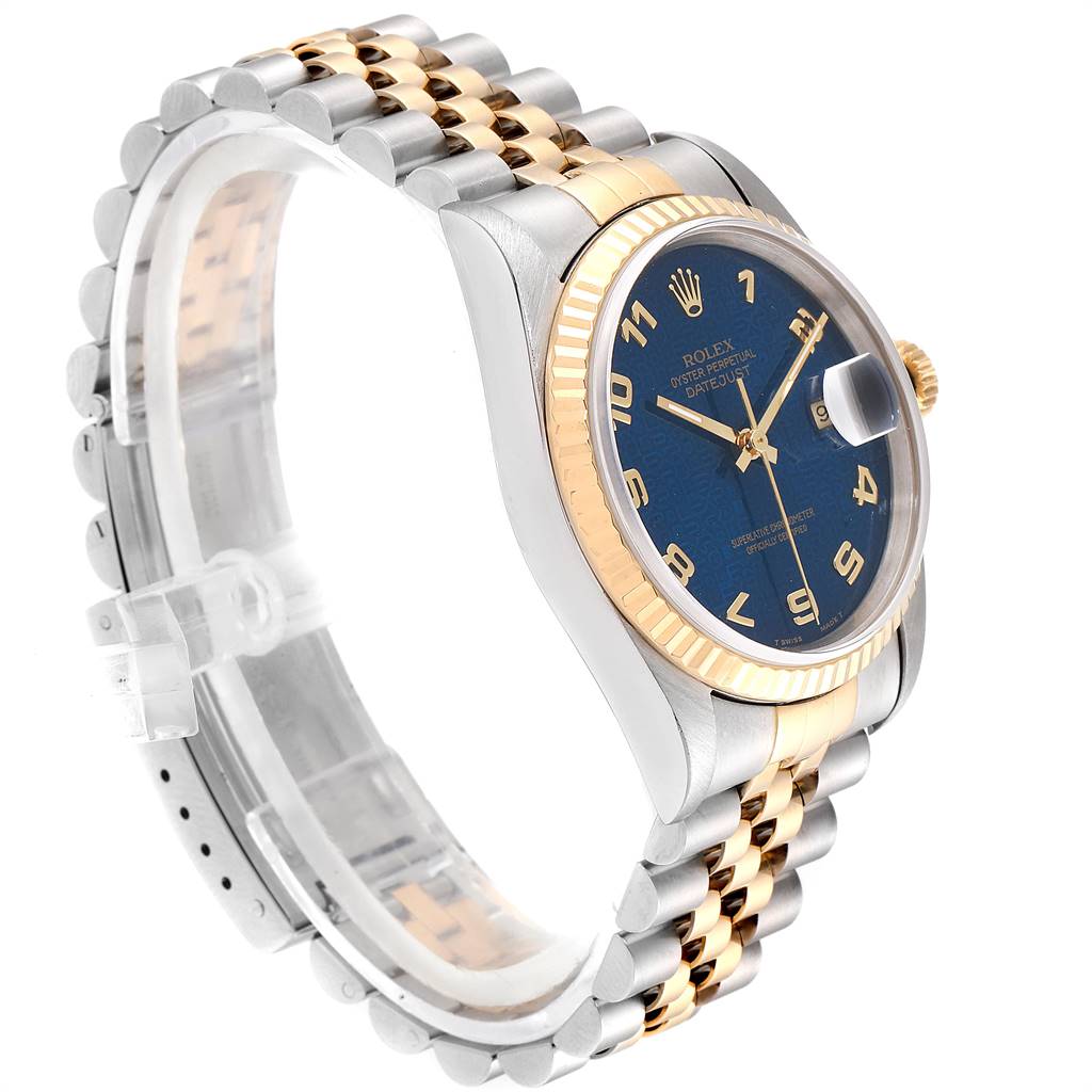 The image shows a side view of a Rolex Datejust 16233 Men
s Steel and Gold (two tone) Blue Dial 16233 Men
s Steel and Gold (two tone) Blue Dial watch, highlighting the case, bezel, dial, and Jubilee bracelet.