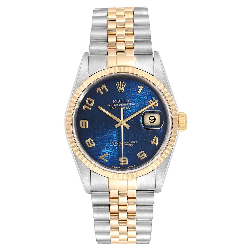 The Rolex Datejust 16233 Men
s Steel and Gold (two tone) Blue Dial 16233 Men
s Steel and Gold (two tone) Blue Dial watch is shown from a top-down angle, featuring its blue dial, fluted bezel, and two-tone bracelet.