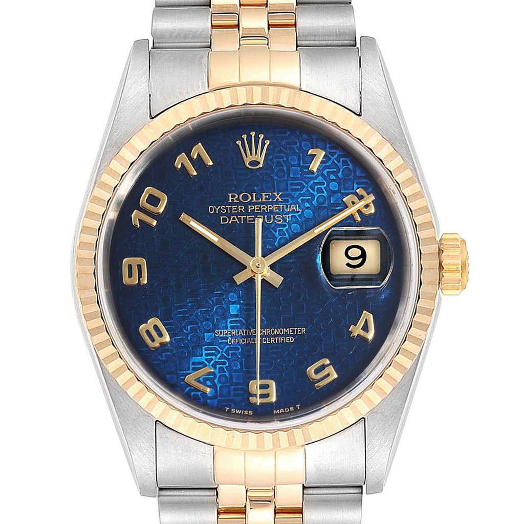 This image shows a Rolex Datejust 16233 Men
s Steel and Gold (two tone) Blue Dial 16233 Men
s Steel and Gold (two tone) Blue Dial watch from a front angle, featuring a blue dial, gold hour markers, and a two-tone bracelet.