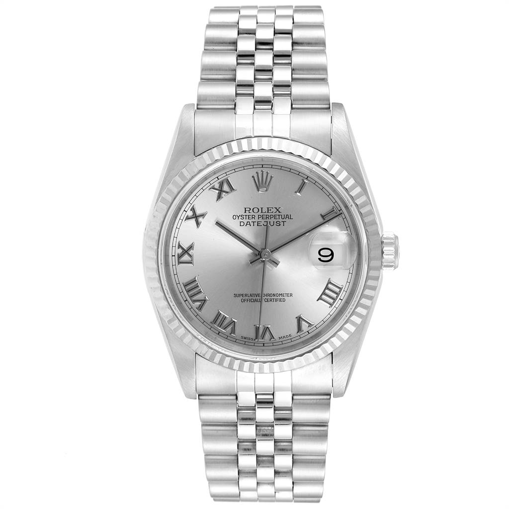This is a front view of the Rolex Datejust 16234 Men's Stainless Steel Silver Dial 16234 Men's Stainless Steel Silver Dial watch, showcasing its dial, date window, and bracelet.