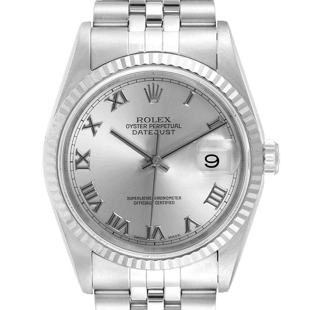 The image shows a front view of a Rolex Datejust 16234 Men's Stainless Steel Silver Dial 16234 Men's Stainless Steel Silver Dial watch, highlighting the dial, bezel, bracelet, and date display.