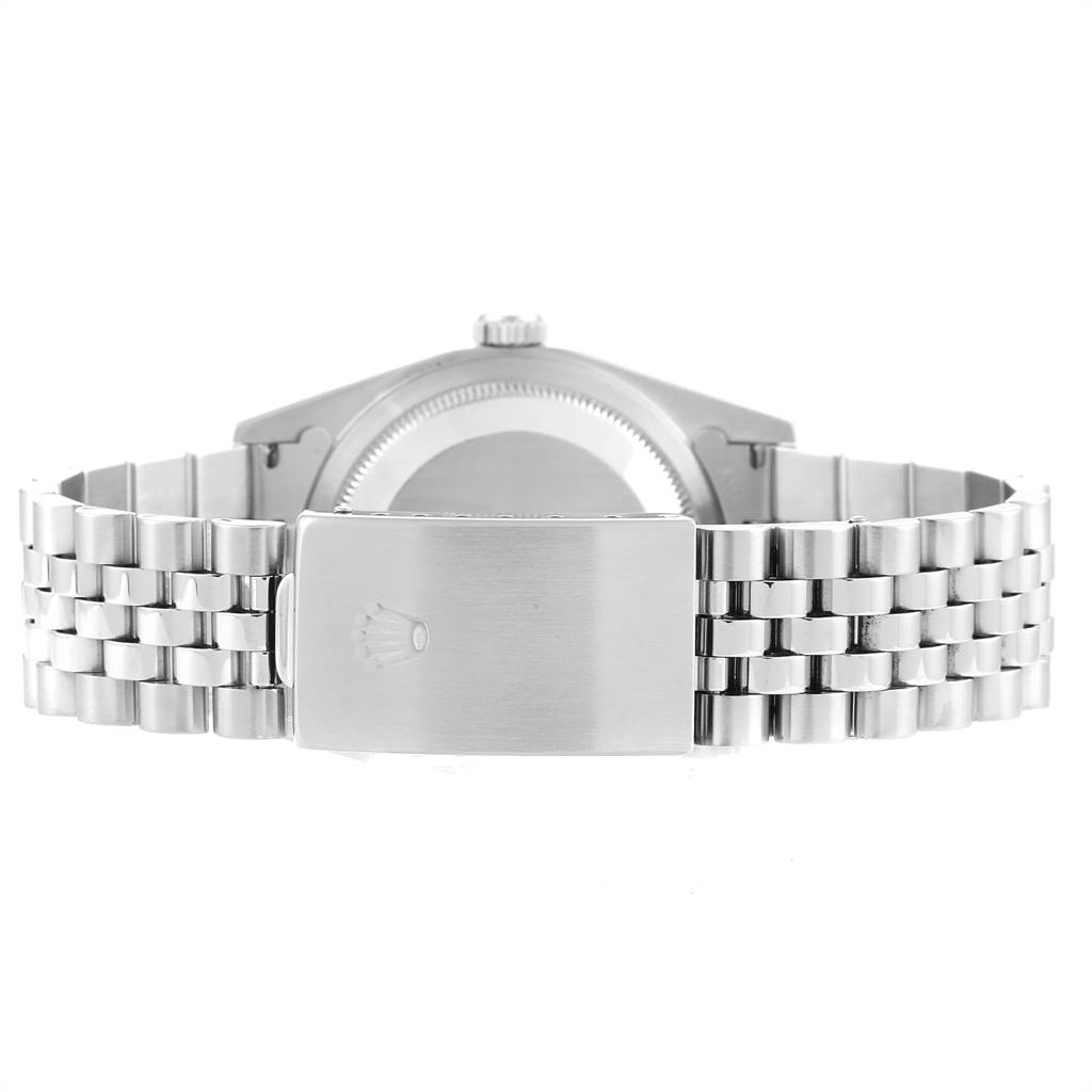 The image shows the back view of a Rolex Datejust 16234 Men's Stainless Steel Silver Dial 16234 Men's Stainless Steel Silver Dial watch, highlighting the bracelet and the clasp.