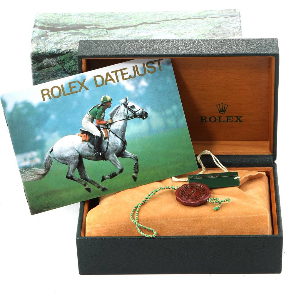 The image shows a Rolex Datejust 16233 Men's Steel and Gold (two tone) Blue Dial 16233 Men's Steel and Gold (two tone) Blue Dial watch box, manual, tag, and pouch, all at a 3/4 angle.